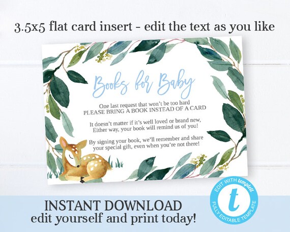 Woodland Baby Boy Shower Bring a Book Insert Books for Baby Card Book Request Card Printable Book Request Editable SP0018 Il_570xn