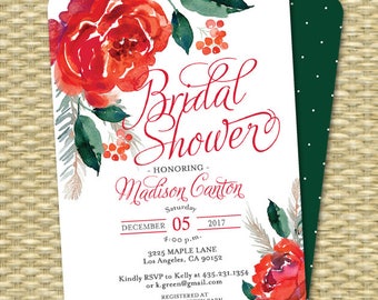 Holiday Bridal Shower Invite Christmas Bridal Shower Invitation Christmas Wedding Holiday Wedding Red Green Floral Holly Leaves ANY EVENT