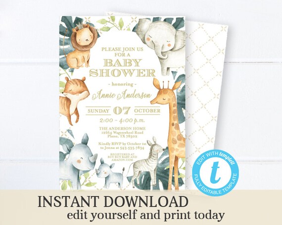 Printable Safari Baby Shower Invitation, Gender Neutral, Greenery, Instant Download, Editable with Templett, Elephant Baby Shower, Baby Boy Il_570xn
