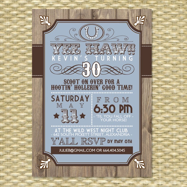 Country Western Adult Birthday Invitation Western Theme 30th Birthday Invite Country Theme Birthday Party Invitation Western Party Invite