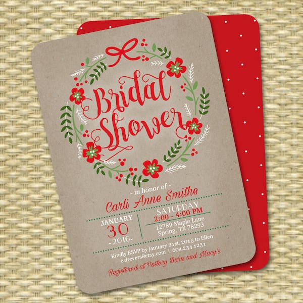 Rustic Christmas Bridal Shower Invitation, Rustic Holiday Bridal Shower Invite Kraft Red and Green Floral Wreath Christmas ANY EVENT