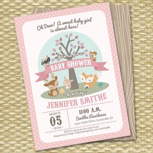 Woodland Baby Girl Shower Invitation Pink Woodland Animals Baby Shower Invite Printable Printed Invitations Oh Deer Sweet Baby Girl is Here image 1