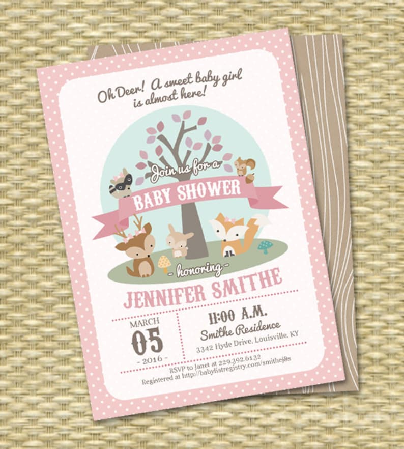 Woodland Baby Girl Shower Invitation Pink Woodland Animals Baby Shower Invite Printable Printed Invitations Oh Deer Sweet Baby Girl is Here image 1