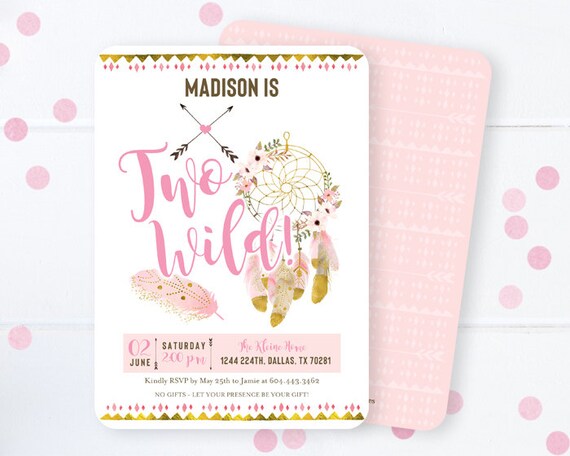 Two Wild Birthday Invitation, Dreamcatcher Boho 2nd Birthday Invite, Tribal, Feathers, Dreamcatcher, Second Birthday, 2nd Birthday Girl Il_570xn