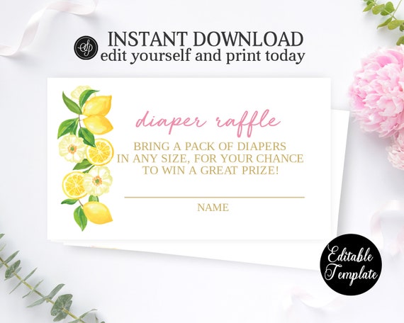 Baby Girl Shower Diaper Raffle Ticket, Lemon Theme Baby Shower Diaper Raffle, Pink and Yellow Baby Shower, EDITABLE TEMPLATE, SP0037 Il_570xn