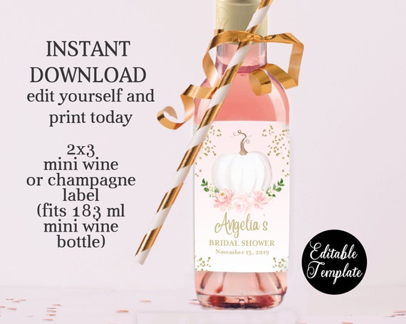 Pink & Gold Printable Floral Pumpkin Mini Wine Bottle Label, Editable Template, Templett, Mini Wine Favors, Mini Wine Labels, SP0056B Il_570xn