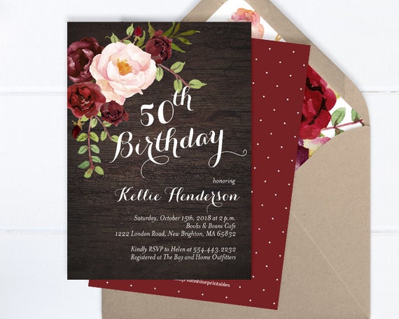 50th Birthday Invitation, Dark Wood and Burgundy Floral Birthday Invite, Adult Birthday Invite, Burgundy and Blush Floral Invitation ANY AGE Il_570xn