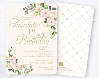 Blush Pink and Gold First Birthday Invitation Girl, Spring Floral 1st Birthday Invitation, Girls First Birthday Invitation Pink and Gold