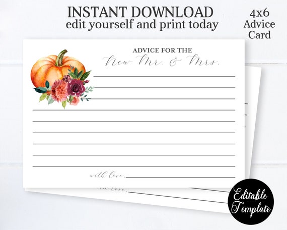 Fall Pumpkin Floral Bridal Shower Advice Card, Editable Wishes for the Mr & Mrs Card, Marriage Advice Printable, Shower Game, SP0052 Il_570xn