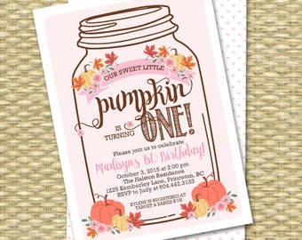 Our Little Pumpkin First Birthday Invitation, Mason Jar Pumpkin Birthday Invite, Fall First Birthday Invitation, Fall Birthday Invitations