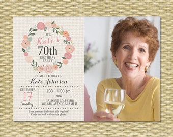 70th Birthday Invitation Adult Birthday Invite Milestone Birthday Floral Birthday Floral Invitation Rustic Birthday Burlap and Flowers