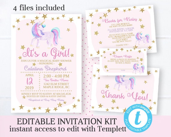 Unicorn Baby Shower Invite Kit Pink And Gold Unicorn Baby Girl