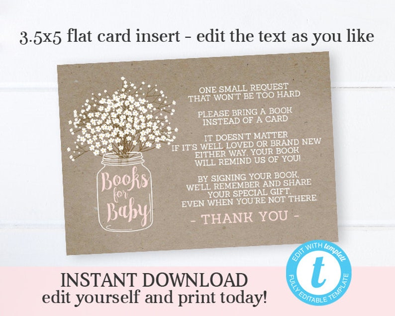 Rustic Baby Girl Shower Invitation Mason Jar Baby's Breath Rustic Kraft Pink and White Instant Download Editable Template Templett image 5