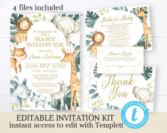 printable baby shower invitation kit gender neutral safari theme safari baby jungle baby elephant baby instant download baby boy shower printable baby shower invitations