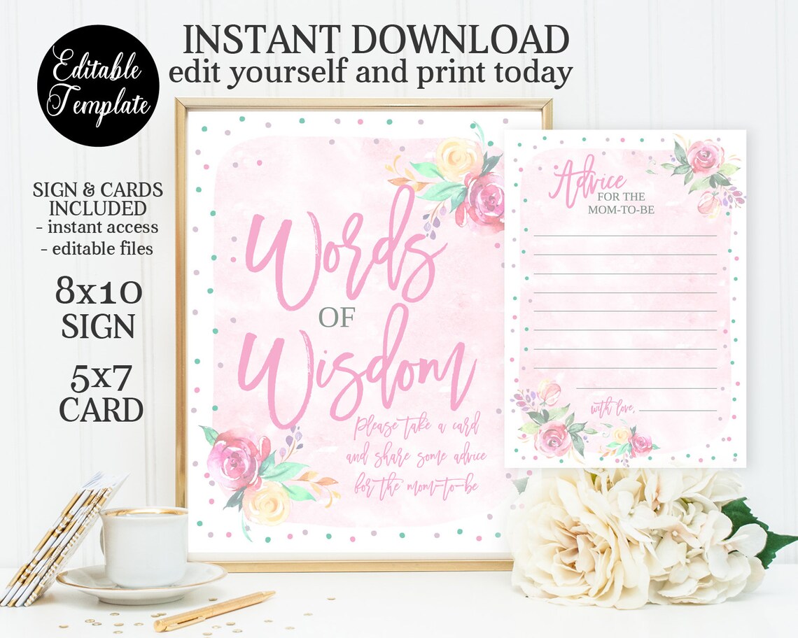 Printable Baby Shower Words of Wisdom Sign and Cards Advice Etsy