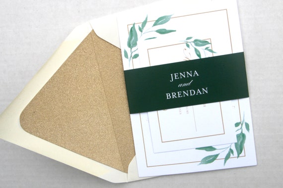 Greenery Wedding Invitations, Printed Wedding Invites, Greenery Leaves & Gold, Jenna Suite, Boho Greenery Invitation Suite with RSVP Insert Il_570xn