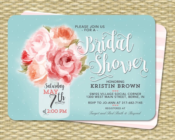 Floral Bridal Shower Invitation Mason Jar Peonies Bridal Shower Invite Floral Bridal Brunch Invitation Printable or Printed Invitations Il_570xn