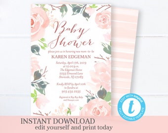 Boho Baby Shower Invitation Girl Baby Shower Watercolor Floral Baby Shower Baby Girl Shower Invitation Pink Baby Shower Printable Invitation