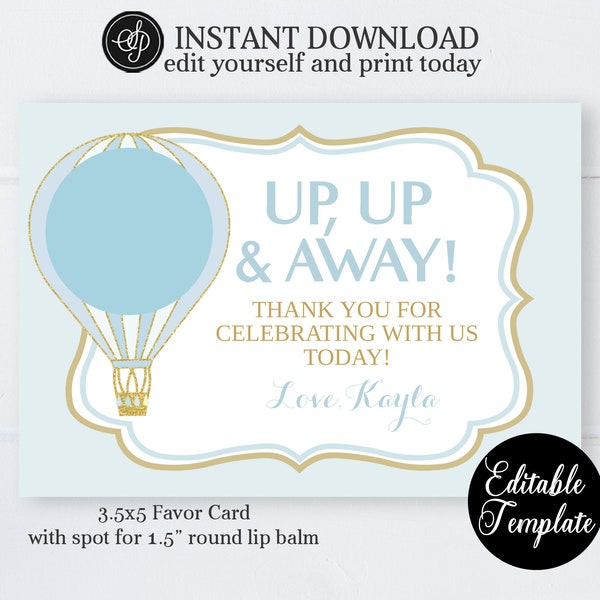 Adventure Begins Baby Shower Lip Balm Favor Card, EOS Lip Balm Favor Card Printable, Hot Air Balloon, Travel Baby Shower, EDITABLE SP0036