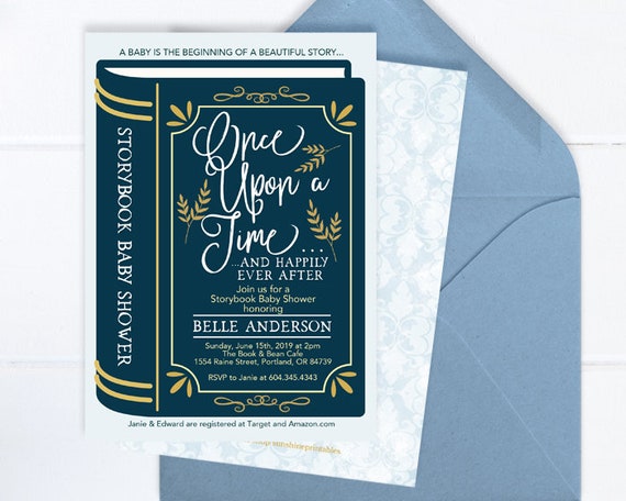 Storybook Baby Boy Shower Invitation, Fairytale Boy Baby Shower Invite, Once Upon a Time, Printable or Printed, Blue and Gold Baby Shower Il_570xn