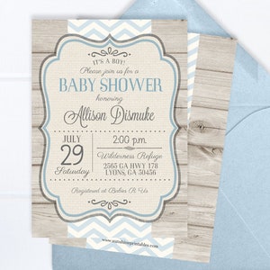 Rustic Baby Boy Shower Invitation Rustic Wood Blue Chevron Typography Baby Boy Sip and See Diaper and Wipes, ANY EVENT image 1