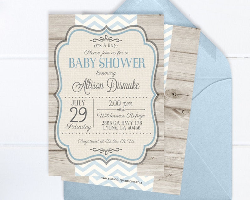 Rustic Baby Boy Shower Invitation Rustic Wood Blue Chevron Typography Baby Boy Sip and See Diaper and Wipes, ANY EVENT image 1