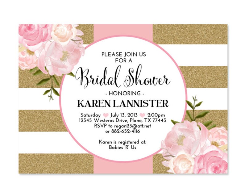 Pink Gold Glitter Bridal Shower Invitation Stripes Floral Pink Etsy