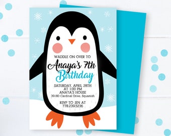 Penguin Birthday Invitation Printable Winter Birthday Invite Arctic Animal Birthday Invite Penguin Party Invitations Printed Invitations
