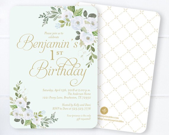 Baby Boy First Birthday Invitation, Spring Boy 1st Birthday Invite, Spring Birthday Invite Boy, Blue and Gold Birthday Invitation Boy Il_570xn