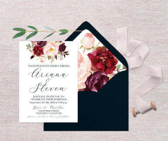 Calligraphy Wedding Invitation Navy and Burgundy Floral Wedding Invitations Printed Wedding Invitations Fall Wedding Invitations Rustic Il_570xn