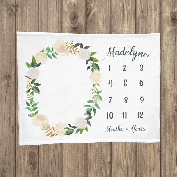 Baby Milestone Blanket, White Floral Milestone Blanket, Monthly Growth Tracker, Soft Minky Fleece Blanket, Custom Baby Blanket, Baby Gifts Il_570xn