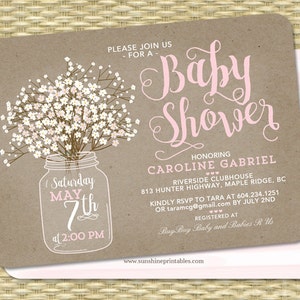 Rustic Baby Shower Invitation Baby Girl Shower Kraft Mason Jar Invite Baby's Breath Baby Shower Invite Baby Sprinkle Invitation Printable