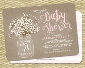 Rustic Baby Shower Invitation Baby Girl Shower Kraft Mason Jar Invite Baby's Breath Baby Shower Invite Baby Sprinkle Invitation Printable