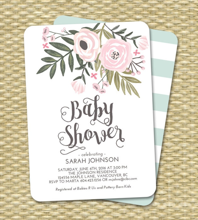 Baby Boy Shower Invitation Floral Baby Shower Invite Boy Baby Shower Floral Baby Shower Blue Mint Boy Baby Sprinkle Sip and See ANY EVENT image 2