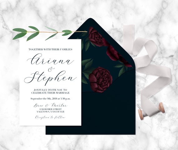 Dark Peony Floral Wedding Invitations Printed Wedding Invitations Calligraphy Style Wedding Invitation Fall Floral Wedding Navy Wedding Il_570xn
