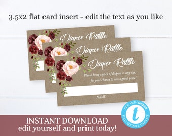 Kraft Floral Diaper Raffle Card, Kraft Rustic Baby Shower Diaper Raffle Ticket, EDITABLE Diaper Raffle Card, Instant Download, Templett