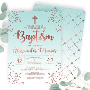 Rose Gold and Aqua Blue Baptism Invitation Baby Boy Baptism Invite Baby Boy Christening Invitation Name Day ANY EVENT Any Colors image 2