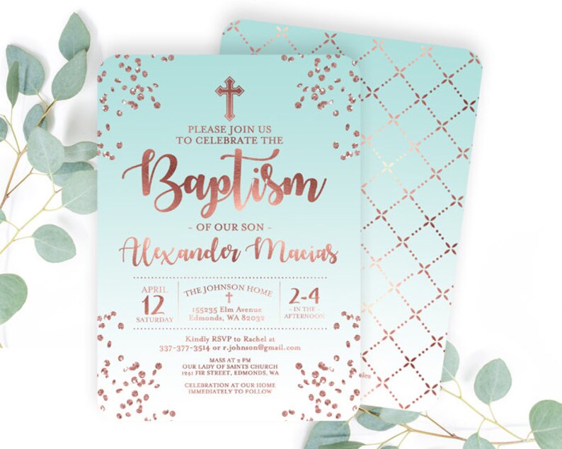 Rose Gold and Aqua Blue Baptism Invitation Baby Boy Baptism Invite Baby Boy Christening Invitation Name Day ANY EVENT Any Colors image 2