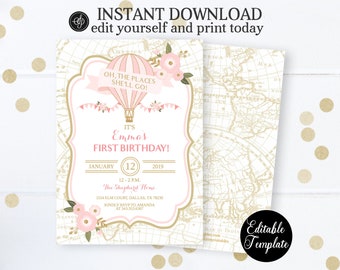 Oh the Places She'll Go Hot Air Balloon Birthday Invitation Girl, Printable Girl Birthday Invitation Template, EDITABLE, Templett, SP0036