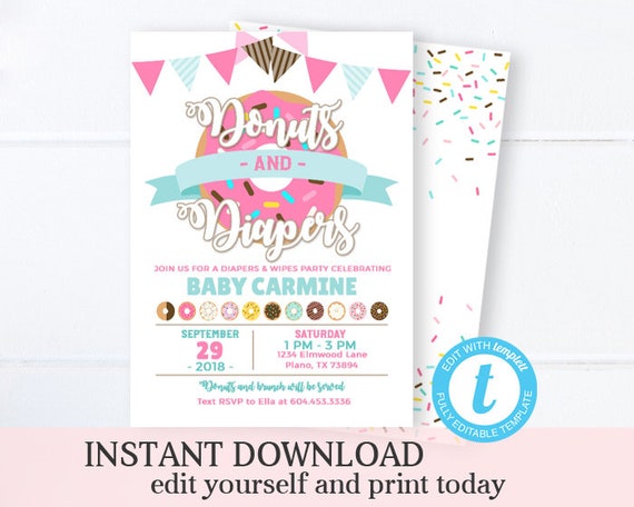 Donut and Diapers Sprinkle Invitation, Baby Shower Invite, Coed Shower Invite, Gender Neutral, Instant Download, Printable, Templett Il_570xn
