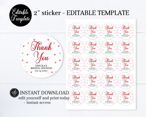 Hearts Bridal Shower 2" Square or Round EDITABLE Sticker Template, Valentine Party Favor Tags, Sweetheart Thank You Stickers 2", SP0031 Il_570xn