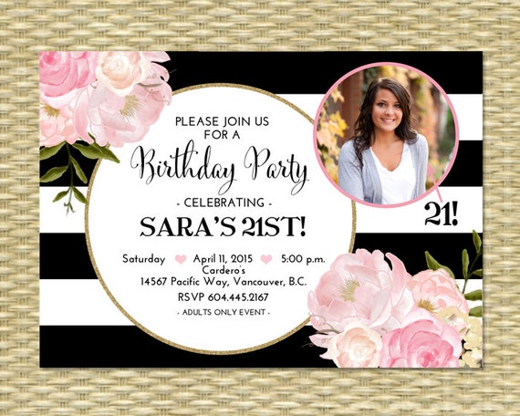 Adult Birthday Invitation Black White Stripes Gold Glitter Pink Floral Peonies with Photo 21st Birthday 30th 40th 50th Any Event ANY COLORS Il_570xn