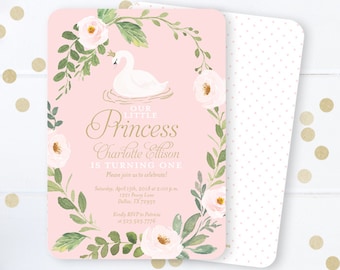 Swan Birthday Invitation Girl Birthday Invite Pink Swan Invitation Swan Princess Pink and Gold Birthday Invite Girl First 1st Birthday