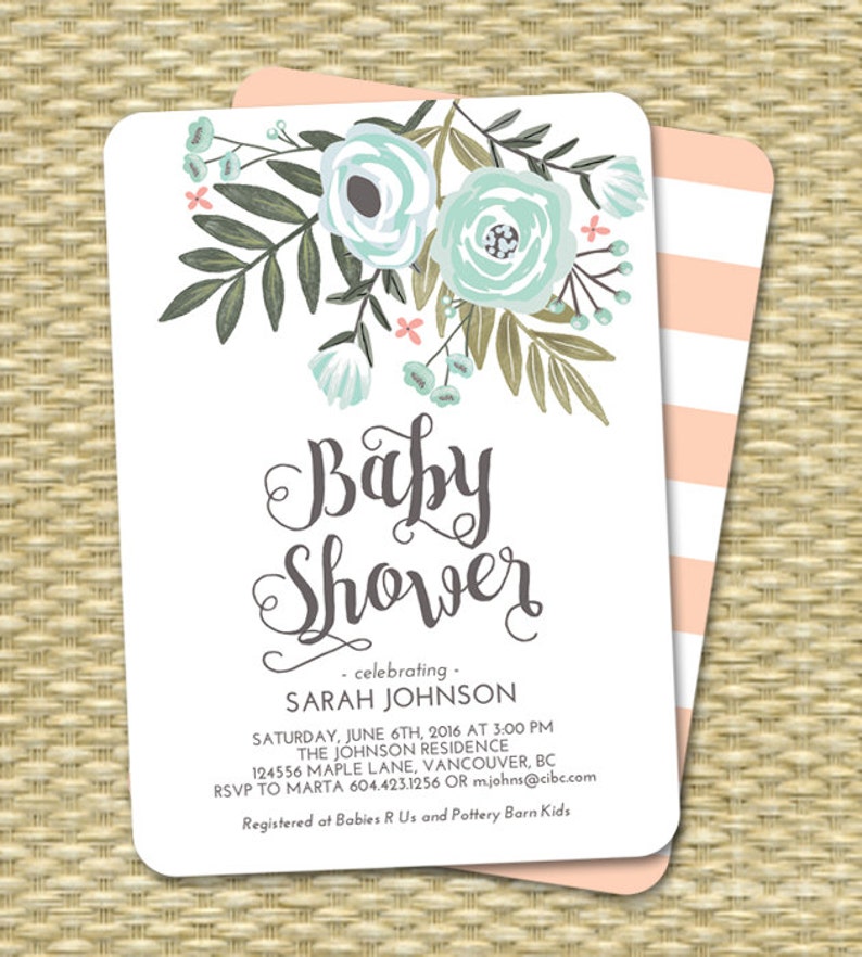 Baby Boy Shower Invitation Floral Baby Shower Invite Boy Baby Shower Floral Baby Shower Blue Mint Boy Baby Sprinkle Sip and See ANY EVENT image 3