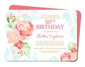 50th Birthday Invitation, Adult Birthday Invite, Watercolor Peonies Invitation, Floral Birthday Invitation, Watercolor Peonies, Peach & Mint Il_170x135