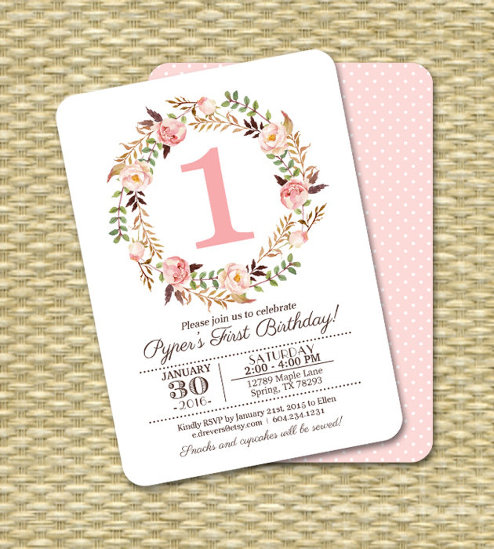 1st Birthday Invitation Girl Baby Girl Pink Watercolor Floral Etsy