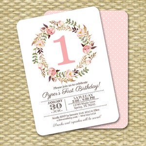 1st Birthday Invitation Girl Baby Girl Pink Watercolor Floral Printable Invitation Kids Birthday Any Age