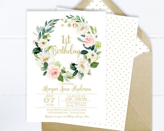 1st Birthday Invitation Girl, Pink and Gold Floral 1st Birthday Invite, Girl Birthday Invitation, Any Age, ANY EVENT Il_570xn