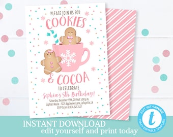 Cocoa and Cookies Birthday Invitation Girl Winter Birthday Invite Printable Invitation Templett Editable Template INSTANT ACCESS Pink