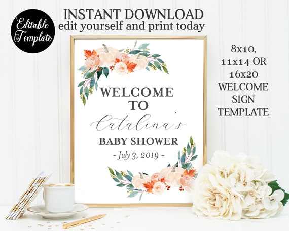 Fall Baby Shower Welcome Sign, 11x14, 16x20, Printable Editable Template, Templett, Pumpkin Baby Shower Party Sign, SP0052A Il_570xn